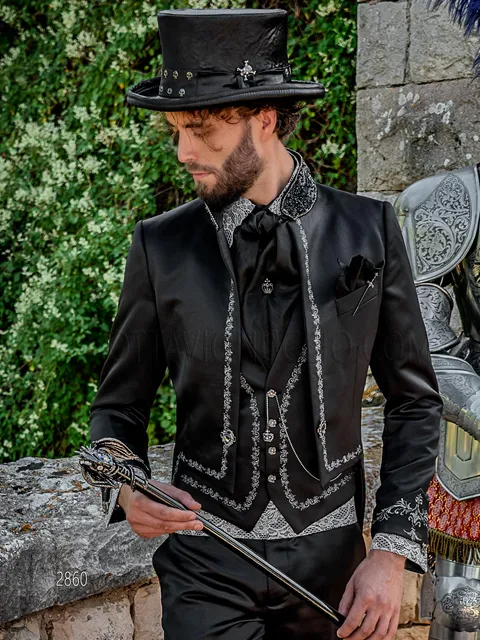Mandarin collar tailcoat in black satin with silver Gothic embroidery and crystal trimming