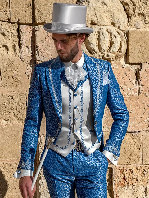Baroque style tailcoat in royal blue damask with silver embroidery in refined style