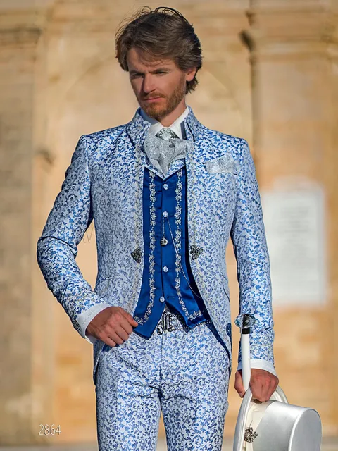 Abito da cerimonia barocco damascato blu royal con ricami argento