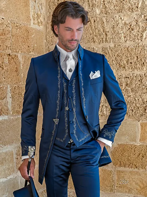 Groom suit in Baroque style in blue satin with black-silver embroidery