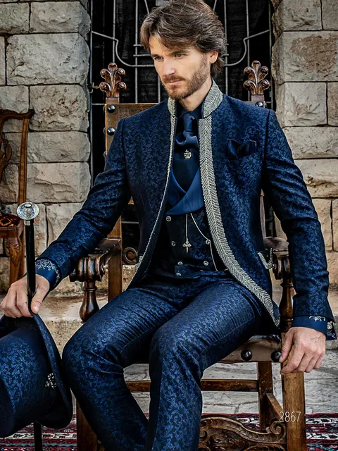 Gothic high fashion suit in blue damask with crystal trimming