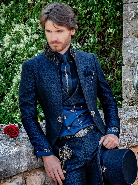 Gothic high fashion mandarin collar suit in blue damask with trimming on the collar