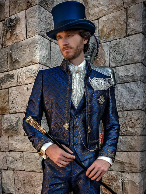 Luxury formal tailcoat in blue brocade with gold-black embroidery for a distinctive style