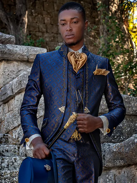 Luxury formal suit in blue brocade with gold-black embroidery, distinctive Baroque style