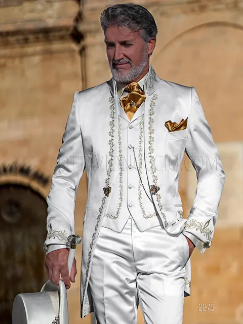 Baroque formal suit in refined style, white satin with gold embroidery