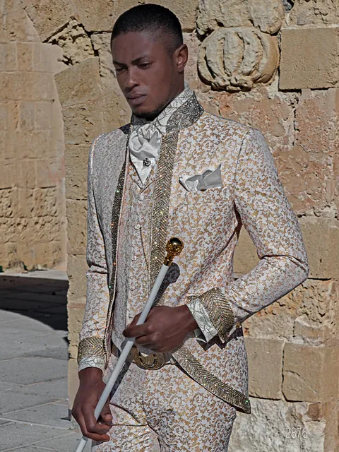 Luxury wedding suit in gold damask with crystal trimming