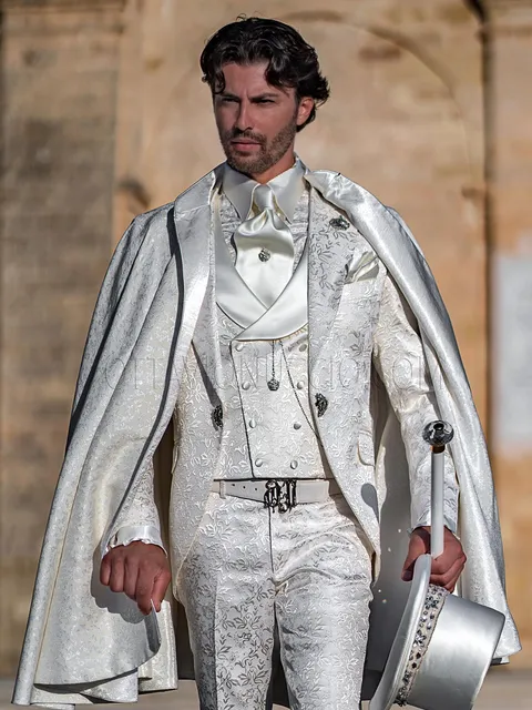 Baroque suit in white floral brocade for themed weddings