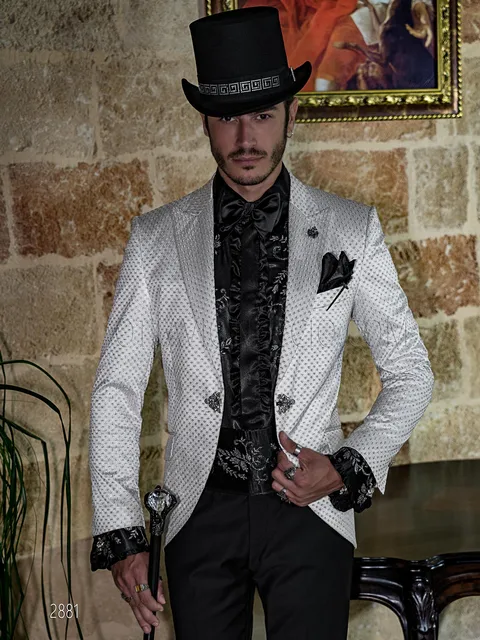 Steampunk style suit, white satin jacket with silver embroidery and black trousers