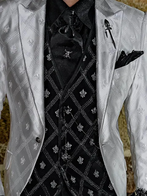 5-button waistcoat in black wool blend with black and silver embroidery