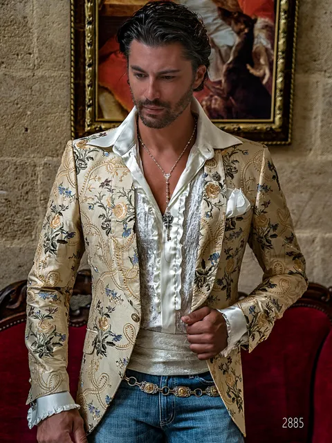 Men's blazer in beige shantung silk with floral embroidery
