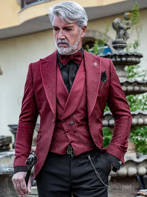 Men's formal suit in red damask with satin inserts and black trousers