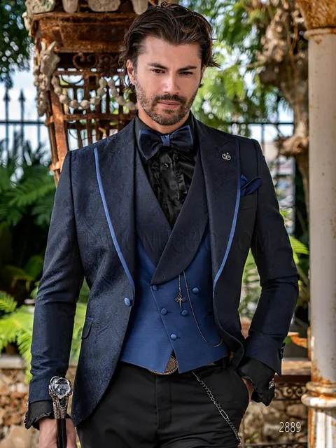 Vintage style men's formal suit in blue damask with electric blue waistcoat