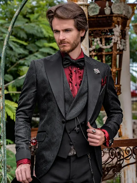 Distinctive modern style men's tuxedo in black damask with matching waistcoat