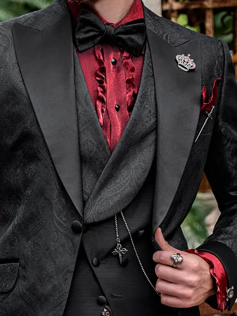 Waistcoat asymmetric double-breasted shawl lapel black with contrasting lapel