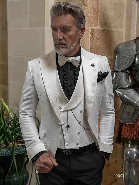 Smoking particolare da uomo stile moderno damascato bianco con gilet abbinato