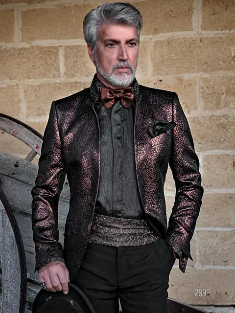 Mandarin collar jacket with collar trimming in bronze brocade fabric