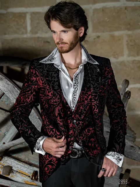 Black and red velvet floral brocade party blazer jacket for men