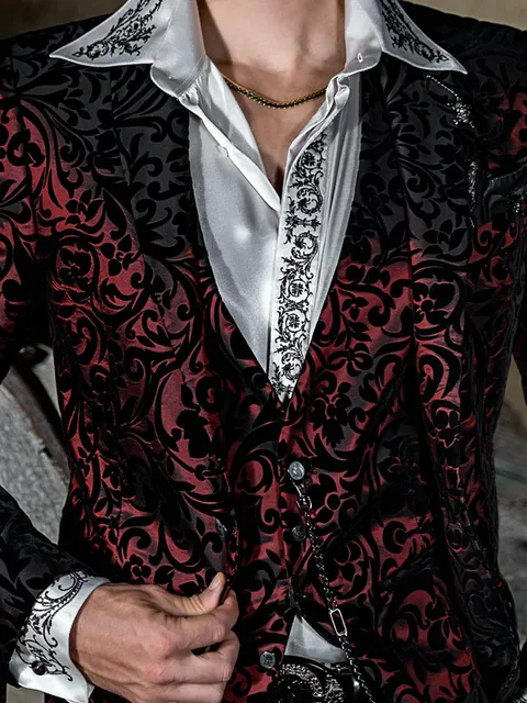 Waistcoat in black flocked velvet on red ground