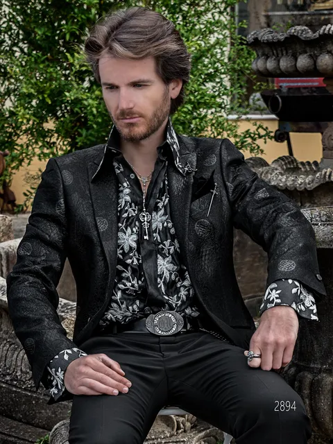 Fashion men's formal suit with jacket in black brocade fabric