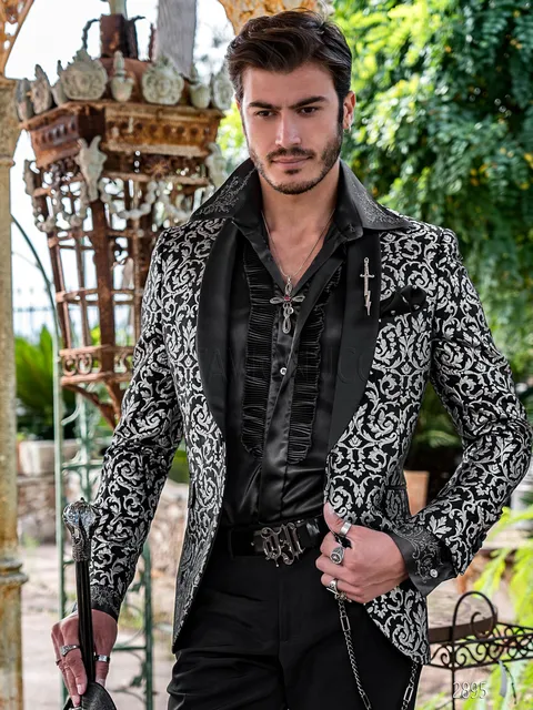 Smoking moda uomo cerimonia broccato nero-argento e pantalone nero