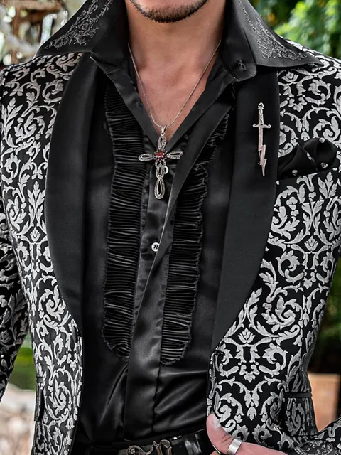 Shirt in dark grey satin, plissé and dragon embroidery