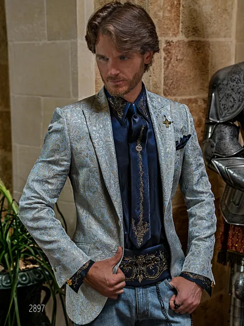 Men's slim jacket for an elegant style in light blue and gold brocade fabric
