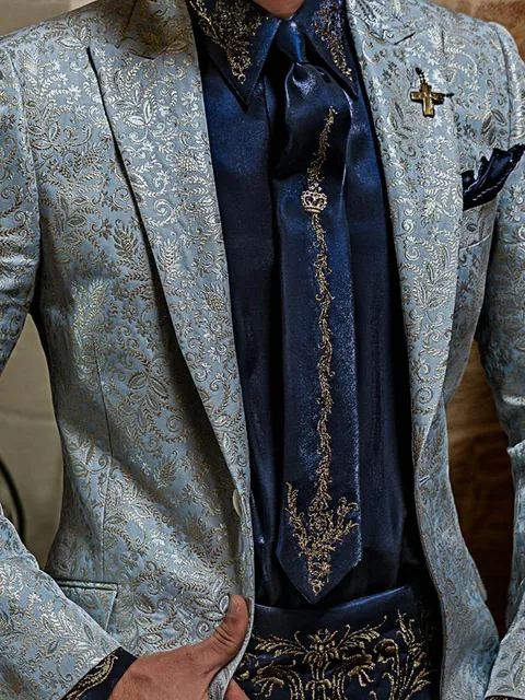 Shirt, Tie and Cummerbund in blue lurex fabric with black-gold embroidery