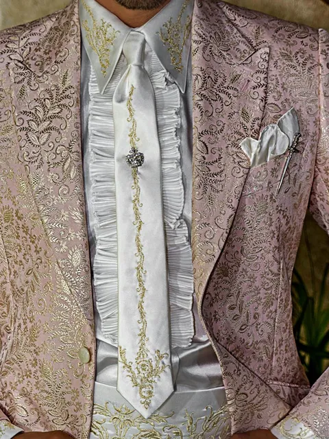Shirt and accessories in white satin microfibre with gold dragon embroidery