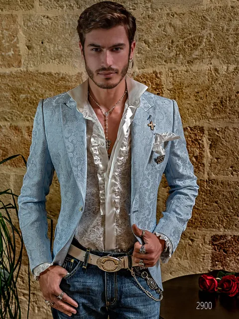 Elegant men's jacket in refined light blue brocade fabric
