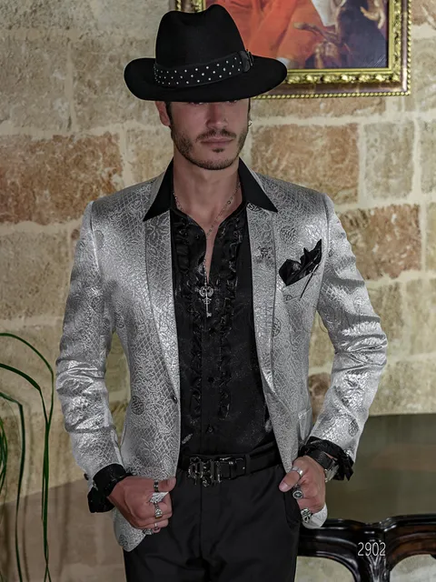 Men's fashion suit for luxury events and parties, silver brocade jacket