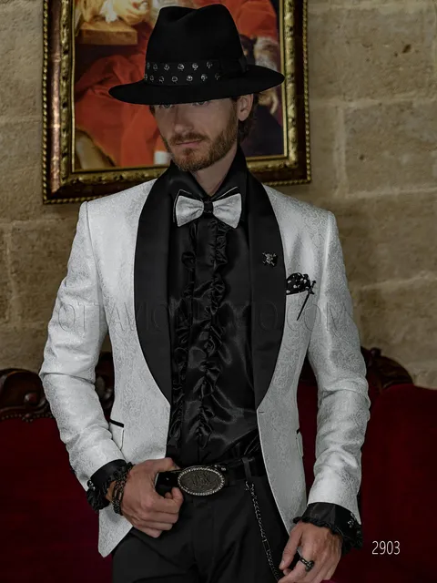 Modern shawl lapel tuxedo with white damask jacket and black trousers