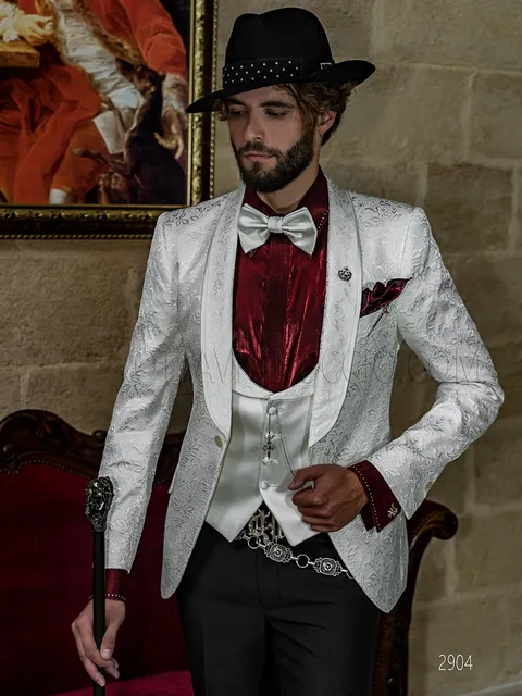 Shawl lapel tuxedo with a modern look, white brocade jacket and black trousers