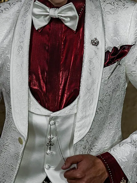 Waistcoat shawl lapel in white satin wool blend with white brocade lapel