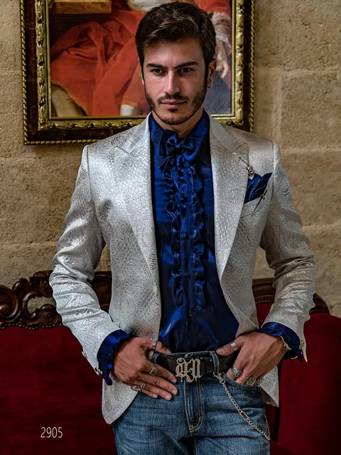 Men's formal jacket in “urban-chic” style in metallic silver brocade