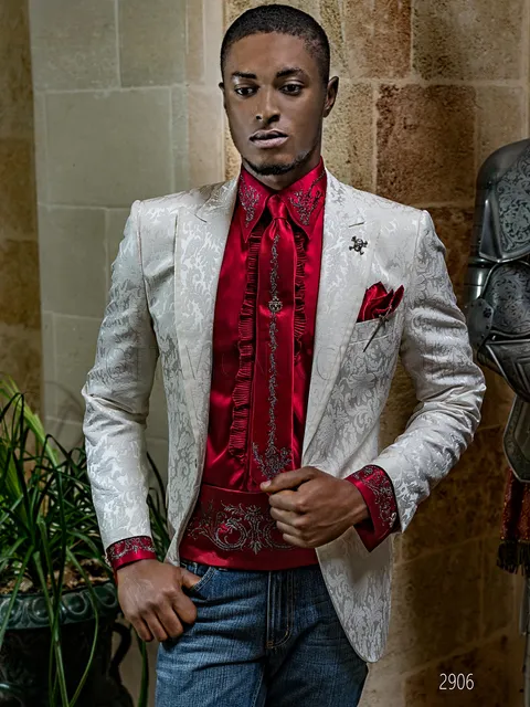 Men's jacket for luxury events and parties in ivory damask silk blend