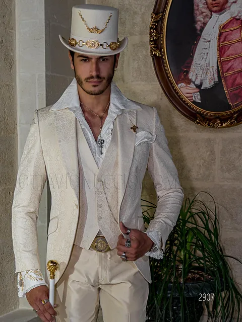 Beige formal suit in steampunk style, jacquard jacket and matching trousers