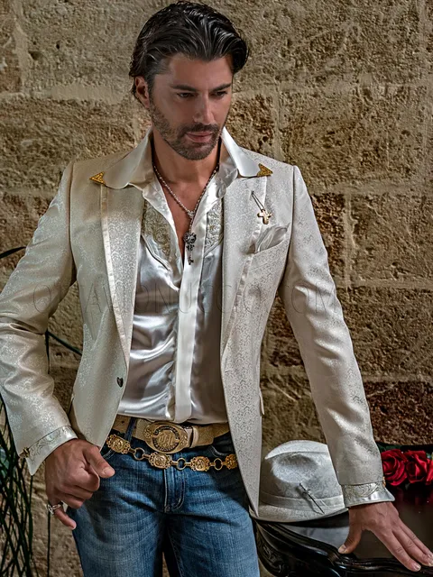 Distinctive men's formal jacket in beige silk blend