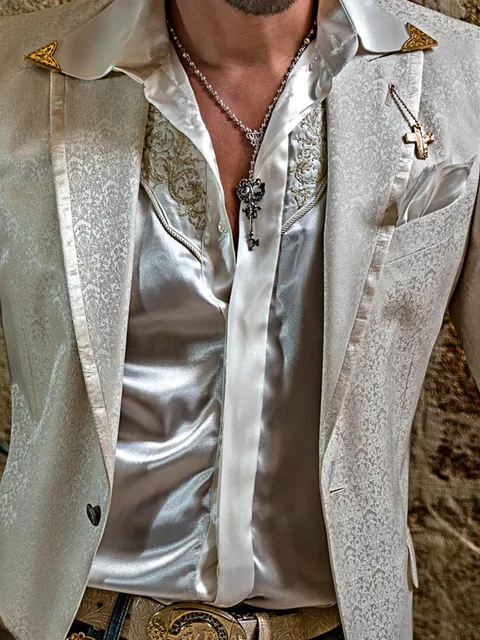 Ivory satin shirt with gold embroidery