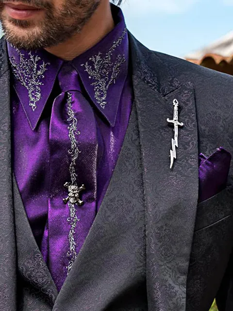 Dark Purple Lurex Shirt and Tie Set with Embroidery