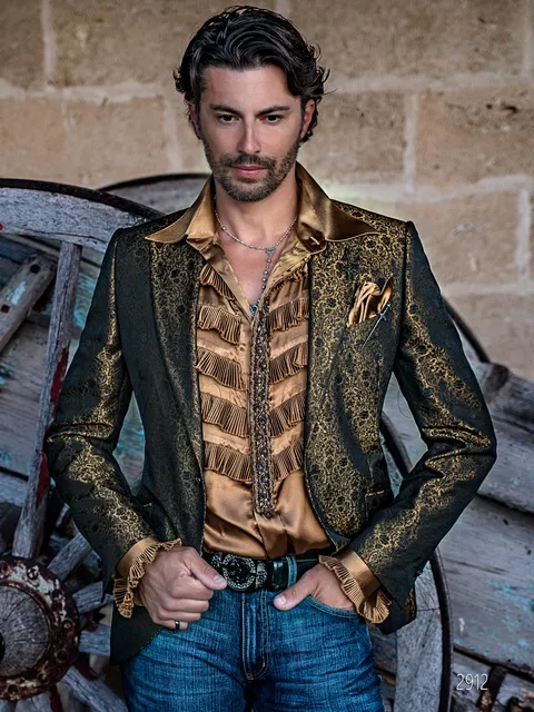 Distinctive men's jacket in gold jacquard in gothic party blazer style