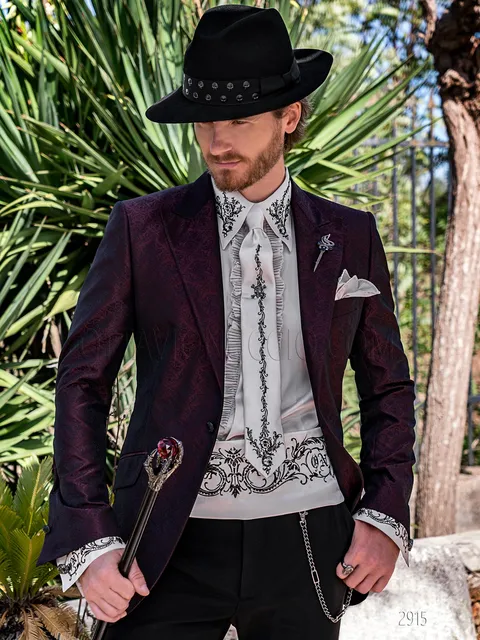 Fashion formal suit, black and burgundy jacquard jacket and black trousers