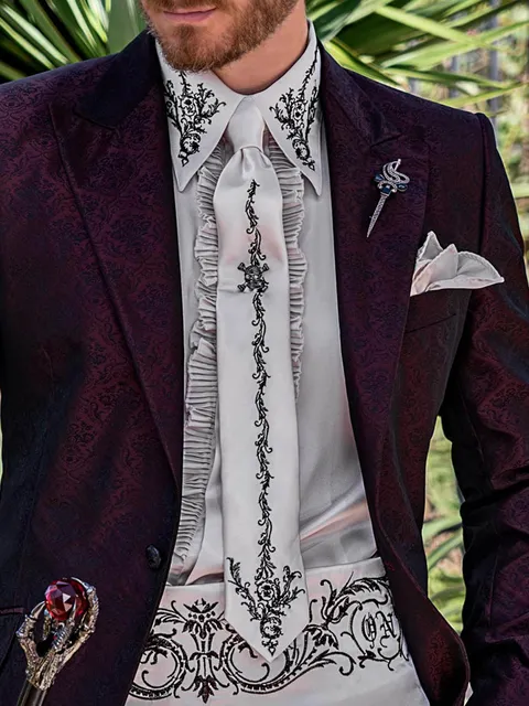 Shirt and accessories in pearl grey satin microfibre with bronze and gold dragon embroidery