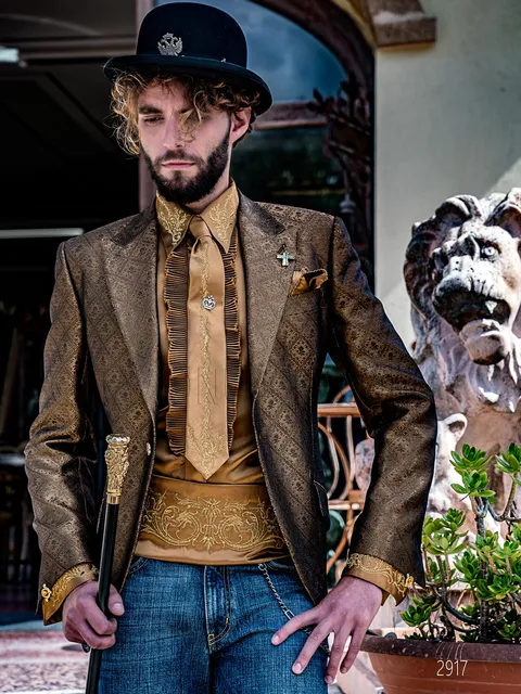 Men's fashion jacket in bronze brocade fabric in baroque style