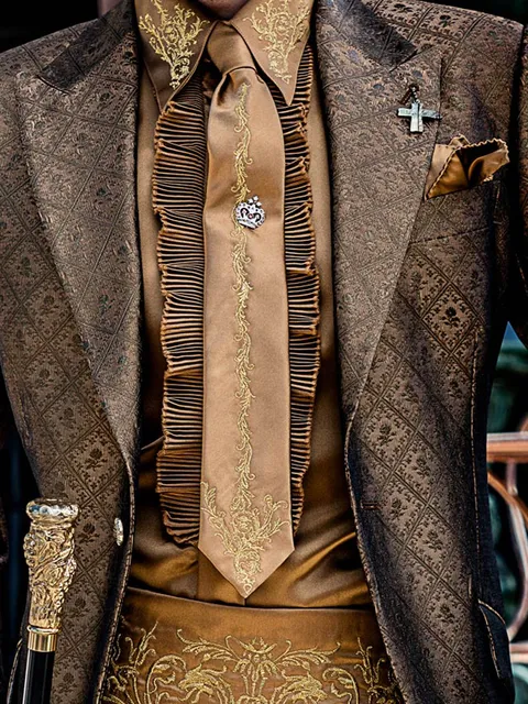 Shirt and accessories in dark gold satin microfibre with gold dragon embroidery