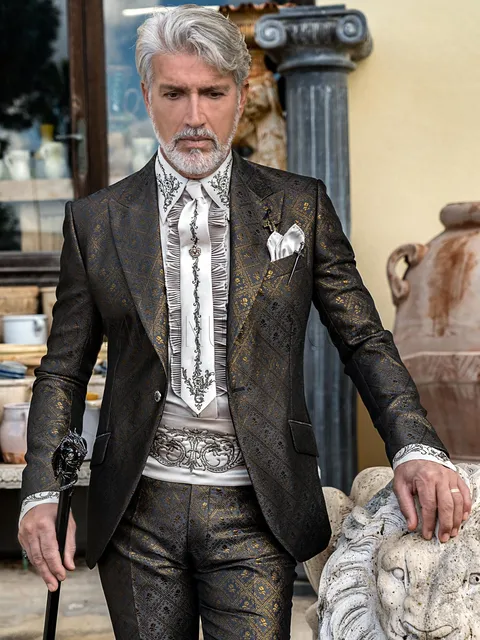 Men's formal suit in Gothic style with grey and gold brocade fabric