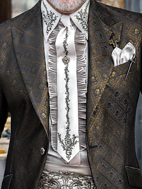 Shirt and accessories in pearl grey satin microfibre with black and gold dragon embroidery