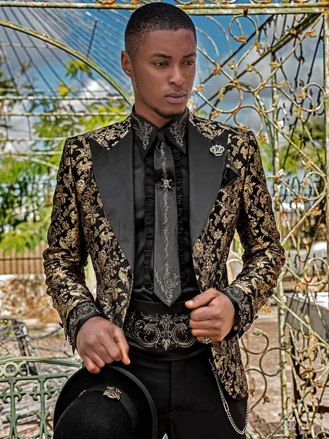Men's formal suit with pure silk black-gold jacket and black trousers