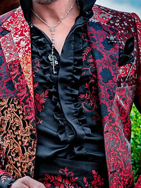 Shirt in black satin with red embroidery and ruffles