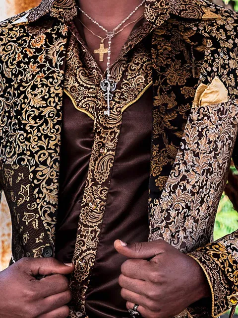 Shirt in brown satin with patterned fabric inserts