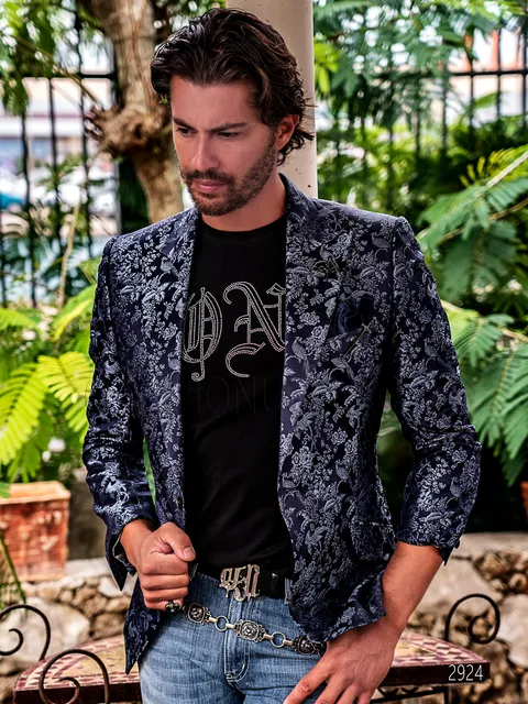 Elegant men's fashion jacket in blue pure silk